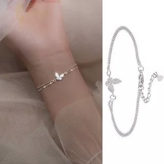 Roselife Gelang Tangan Rantai Silver Wanita Desain Kupu-Kupu Hias Kristal Gaya Korea