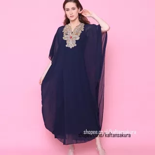 kaftan wanita model Vanessa Angel maxi terbaru warna navy payet mewah cantik bahan siffon original untuk kondangan lebaran 2022