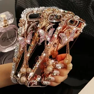 Case HP Samsung Galaxy Note 10 9 A80 A90 S10 4G 5G Lite Plus E A10 S7 Edge A7 2018 C9 PRO A6 PLUS 2018 A5 2017 Handmade Shiny Bling Butterfly Pendant Ring Holder Mirror Phone case Back Cover