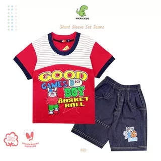 Wakakids Setelan Baju Anak Laki Laki Usia 1 - 4 Tahun Motif Good Boy Celana Jeans Pendek Horton 2279