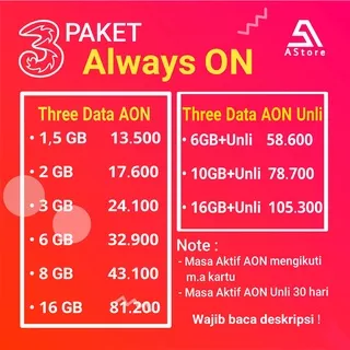 PRODUK TERBARU !! PAKET DATA AON / ALWAYS ON TRI / THREE TERMURAH PROMO UNLIMITED | 1,5 GB 2 GB 3 GB 6 GB 8 GB 10 GB 16 GB