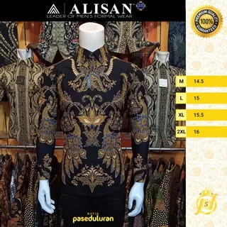 Kemeja Alisan Batik SlimFit Premium Katun  Motif Ukiran Bunga Masquerade Warna Hitam Emas