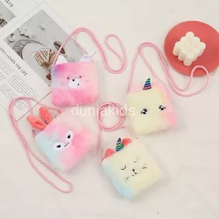 tas anak perempuan selempang unicorn / tas mini anak cewek unicorn bulu warna pelangi / tas fashion selempang anak import