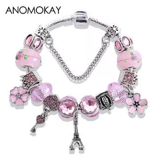 New Styling Tower Crown Flower Heart Key Charm Pan Bracelet Pink Crystal Bead Diy Jewelry Bracelet