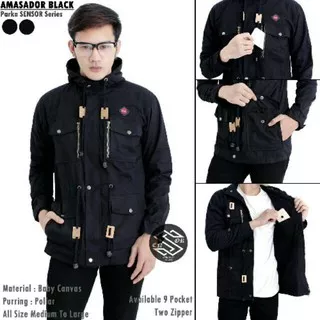 Jaket parka pria zipper pocket // JAKET PARKA SENSOR SERIES AMASADOR BLACK..TERMURAH++