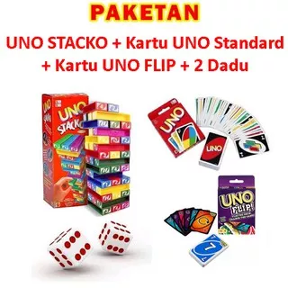 Paket UNO Stacko + Kartu UNO Card Standard + UNO FLIP + 2 Dadu / Dice