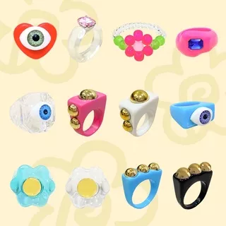 CHUNKY RINGS - Resin Acrylic Rings Colorful Chunky Thick Transparent Bead Square Geometric Charm Ring Adjuster Eyes Flower Golden Rhinestone Jewelry Vintage Cyber Aesthetic Retro Grunge Gothic Korean Harajuku E-girl Egirl 90s Y2K Pinterest Paessionalt