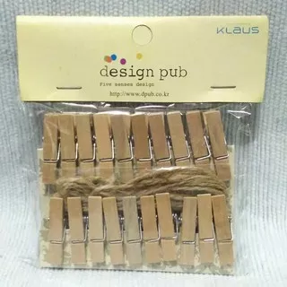 1 PACK Penjepit Foto Kayu Wooden Clip Set POLOS isi 20 pcs FREE Tali Rami - Jepitan Decor Coklat