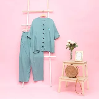 Piyama Polos - KATUN Set Lengan Pendek Oversized Cozy Pajamas Wanita / Patch Karakter BT21/Set Rayon Patch Kancing Bordir Polos Homewear Pajamas