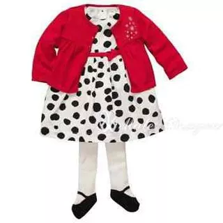 Dress anak polkadot hitam putih + cardigan merah