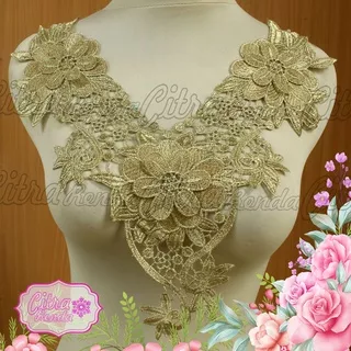 AP156 Patch Kerah Bordir Gold / Emas 3D Motif Bunga Cantik