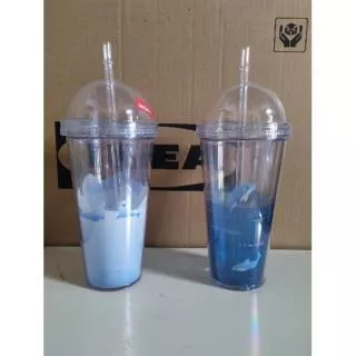 Miniso Tumbler / Miniso Dolphin Double Wall Cup With Straw / Glass Tumbler Miniso / Tumbler Miniso / Miniso Botol Minum