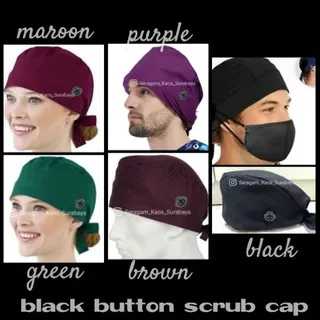 Hat scrub black button kancing hitam pengait masker topi operasi topi kain penutup kepala