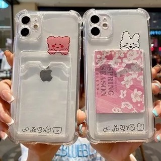 Cute Clear Card Holder Case iPhone 13 12 Pro Max 11 7 8 Plus X XR XS MAX SE 2020 Casing Shockproof Cartoon Bear Rabbit Wallet Card Slot Corner Protection Camera Lens Protector Case ID Credit Card Holder Transparent Soft Silicone Phone Cover 8Plus 7Plus