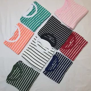 RisRus Fashion Kaos Wanita Striple Salur Soft Katun Belang Garis Baju Cewek Lengan Pendek