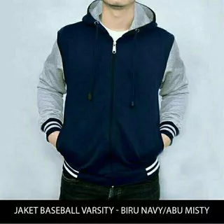 JAKET JUMBO PRIA POLOS BASEBALL HOODIE VARSITY JAKET PRIA KOMBINASI/NAVY ABU MISTY VARSITY RESLETING