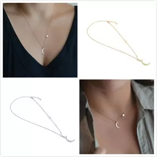 [Bayar Di Tempat]Bulan Bintang Pendant Choker Kalung Rantai Perhiasan Emas Perak Rantai Panjang Baru