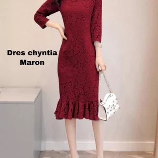 Dress Brukat Pesta Natal Kondangan Style Korea Trandy Terbaru 2021 Dress Midi Chyntia Kekinian Ukuran L