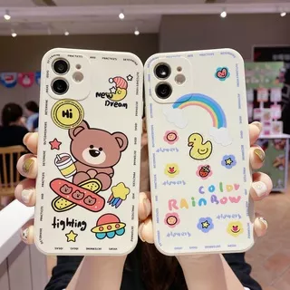 Case iPhone 12 11 Pro X XS Max XR 6 6s 7 8 Plus Mini Color Rain Bow Cartoon Yellow Duck Brown Bear Skateboard Spaceship Side Pattern Camera Protector ST