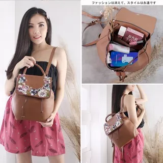 Tas Ransel Wanita Bahan Kulit Tas Ransel Serut Korea Bordir Bunga Leather Backpack Fashion