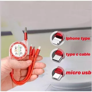 Kabel Charger / Data 3 In 1 Micro USB Tipe C Gulung Roll