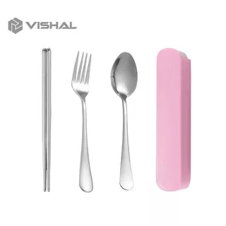 VISHAL 3Pcs Set Makan Sendok Garpu Sumpit/Stainless Steel Spoon Fork Chopsticks Bepergian Peralatan