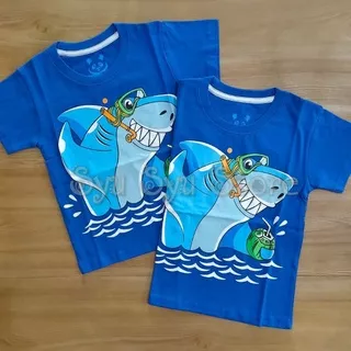 Baju Kaos Atasan Anak Laki Laki Cowok Hewan Animal Ikan Hiu Baby Shark Kelapa Biru