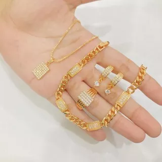 Set Perhiasan Dewasa Full Permata Zircon Lapis Emas Imitasi 18K Asesoris Premium Terbaik Kalung Baru