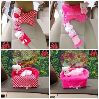 Bantal Headrest Kepala Cover Sarung Seatbelt Tempat Tisu 3 in 1 Mobil Hello Kitty Boneka