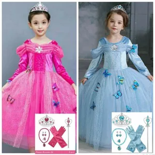 dress kostum princess Cinderella pink biru lengan panjang baju pesta anak