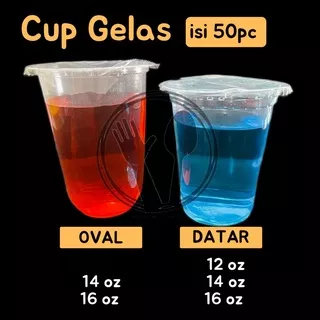 CUP GELAS PLASTIK OVAL DATAR 12OZ 14OZ 16OZ OVAL DATAR CUP GELAS BENING TANPA TUTUP ISI 50PCS