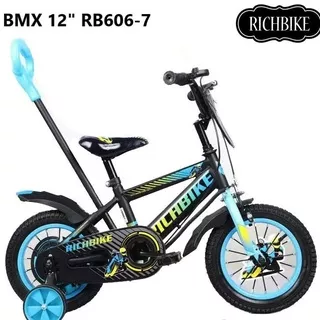 Sepeda BMX Anak Richbike RB606-7 Sportbike Ban Pompa 12 Inci x 2.125 Inci 2-4 Tahun Hi-Ten Steel Tongkat Dorong Kids Bike