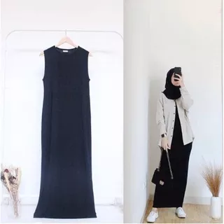 VTZEN - ZEC OOTD Wanita Dress CHIKA / Dress Inner Span / Dress Polos Casual / Dress Wanita Hijab / Dress Bisa Di Pakai Formal / Dress Terlaris / Dress Maxy Wanita Panjang / Dress Long Inner / DRESS PANJANG SPAN TANPA TANGAN LEKBONG WARNA HITAM