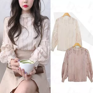 Korean Style Women Hollow Out Lace Long Sleeve Shirt Blouse 025