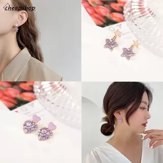 Fashion Purple Crystal Earrings Sweet Girls Star Heart Stud Earrings Women Jewelry Accessories