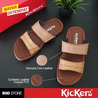 SANDAL PREMIUM SLOP PRIA KICKERS VERO KULIT / LEATHER ASLI FORMAL KASUAL SENDAL COWOK BROWN COKLAT