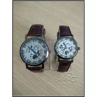 Jam Rolex Skeleton Dark Silver Brown Leather Couple #PalingMurah