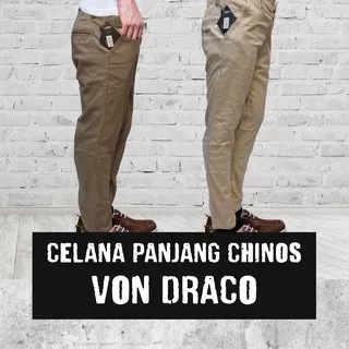 Celana Panjang Chino Pria Slimfit Stretch Premium Full Katun Von Draco Warna Hitam / Abu Krem Khaki
