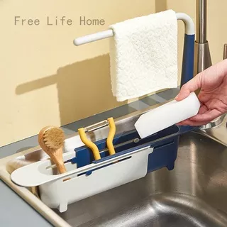 Telescopic Sink Storage Rack ,Adjustable Sink Organizer,Sink Basket,Sink Drain Rack,Sponge Brush Holder with Dishcloth Hanger Expandable Storage Drain Basket for Home Kitchen