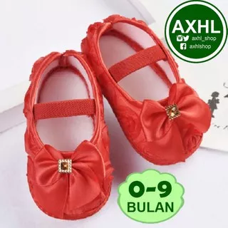 RED BOW Baby Girl Crib Shoes Sepatu Anak Bayi Perempuan Lucu Warna Merah 0-9 1 2 3 4 5 6 7 8 Bulan