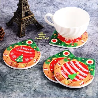 Set Tatakan Gelas KERAMIK Nuansa Natal isi 4 motif berbeda kado Natal Christmas alas anti slip