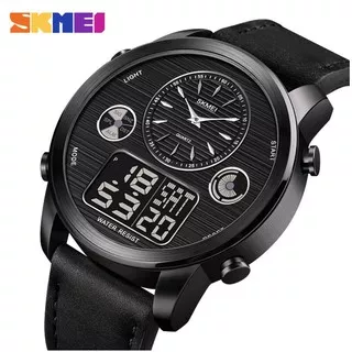 Jam Tangan SKMEI 1653 World Time Digital Men Watches Dual Movement Fashion LED Chrono Leather Strap