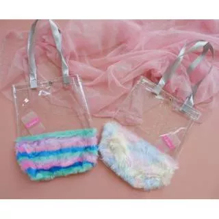 tas totebag bahan bulu boneka dan plastik transparan tebal Fluffy rainbow bag warna warni pastel