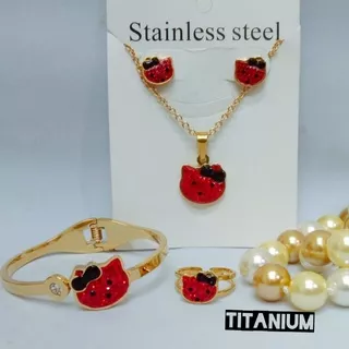 Set Anak permata TITANIUM hello Kitty Gold 2 varian warna,tidak karat,tidak luntur *COD*