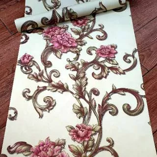 Wallpaper dinding batik bunga gold pink 10 meter x 45 cm