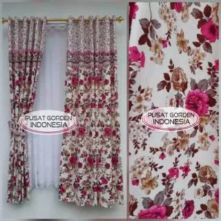 GORDEN MOTIF SHABBY CHIC KATUN COKLAT PINK BIRU MODEL SMOKRING UKURAN LEBAR 140 CM TINGGI 210 CM