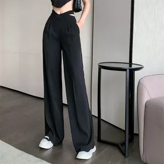 Suhao Black Punching Straight Suit Pants Musim Panas Tinggi Pinggang Slim Fit Kaki Lebar Celana Santai