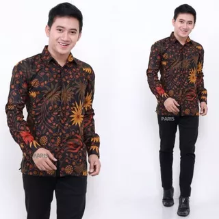 PARIS ATASAN KEMEJA BATIK COWOK UNGGUL JAYA WARNA COKLAT MIX HITAM OREN MOTIF BUNGA JUMBO XXL KLASIK