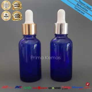 Botol kaca pipet 30 ml - botol kaca serum/ tetes - Botol Kaca Biru 30 ml Pipet Ring Gold/Silver