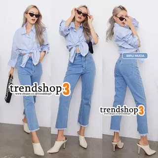 CELANA JEANS  WANITA BOYFRIEND PANJANG NON STRETCH UNFINISHED CUT RAWIS RUMBAI IMPORT DEEP BLUE KEKINIAN